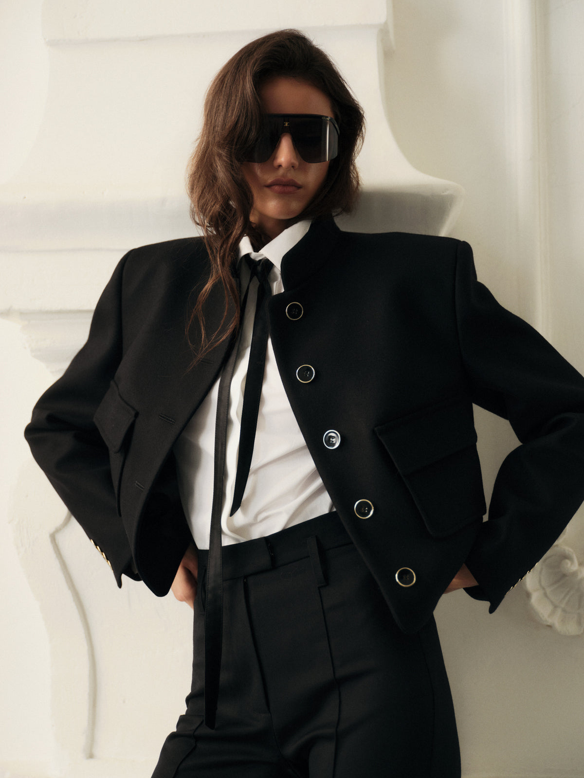 Contemporary fit stand collar jacket with pockets and accent golden buttons