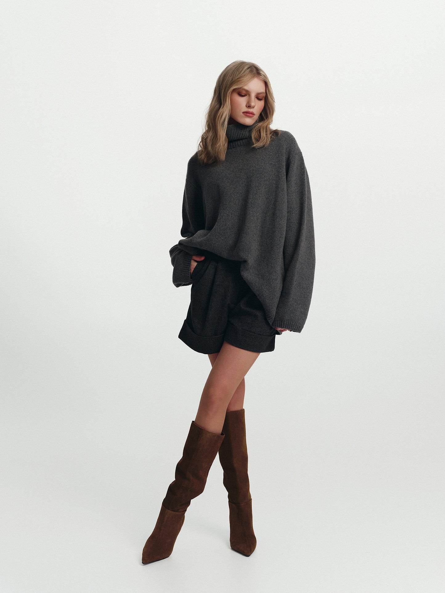 High neck oversized cashmere sweater in deep grey