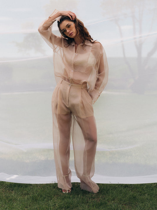 Two-piece festive set with bib-front relaxed fit shirt and pants in silk organza