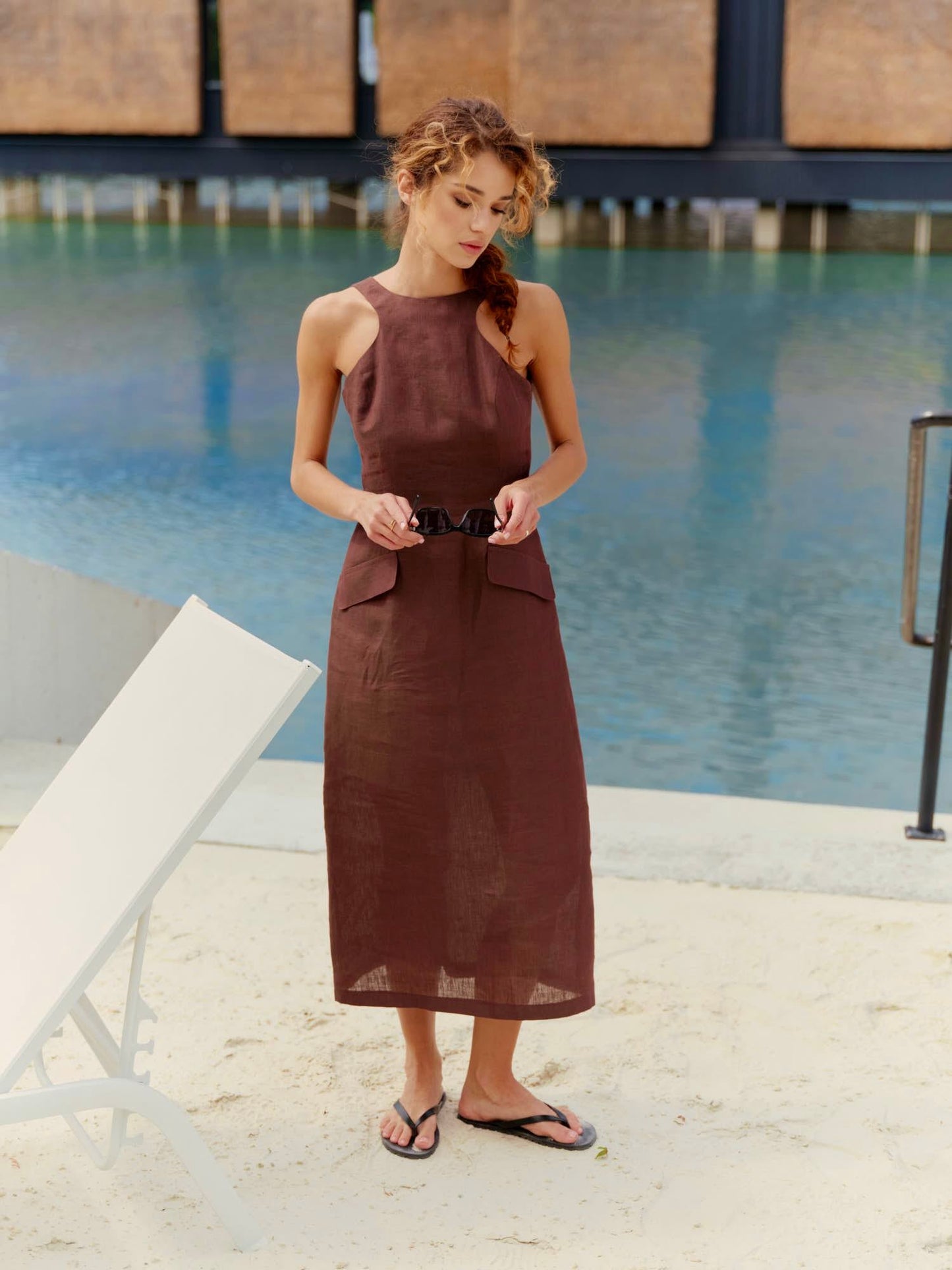 High neck fitted dress in structured linen