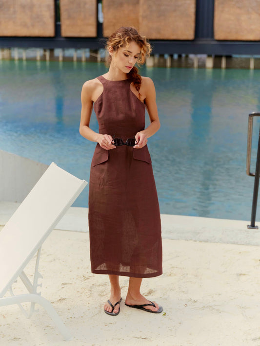High neck fitted dress in structured linen