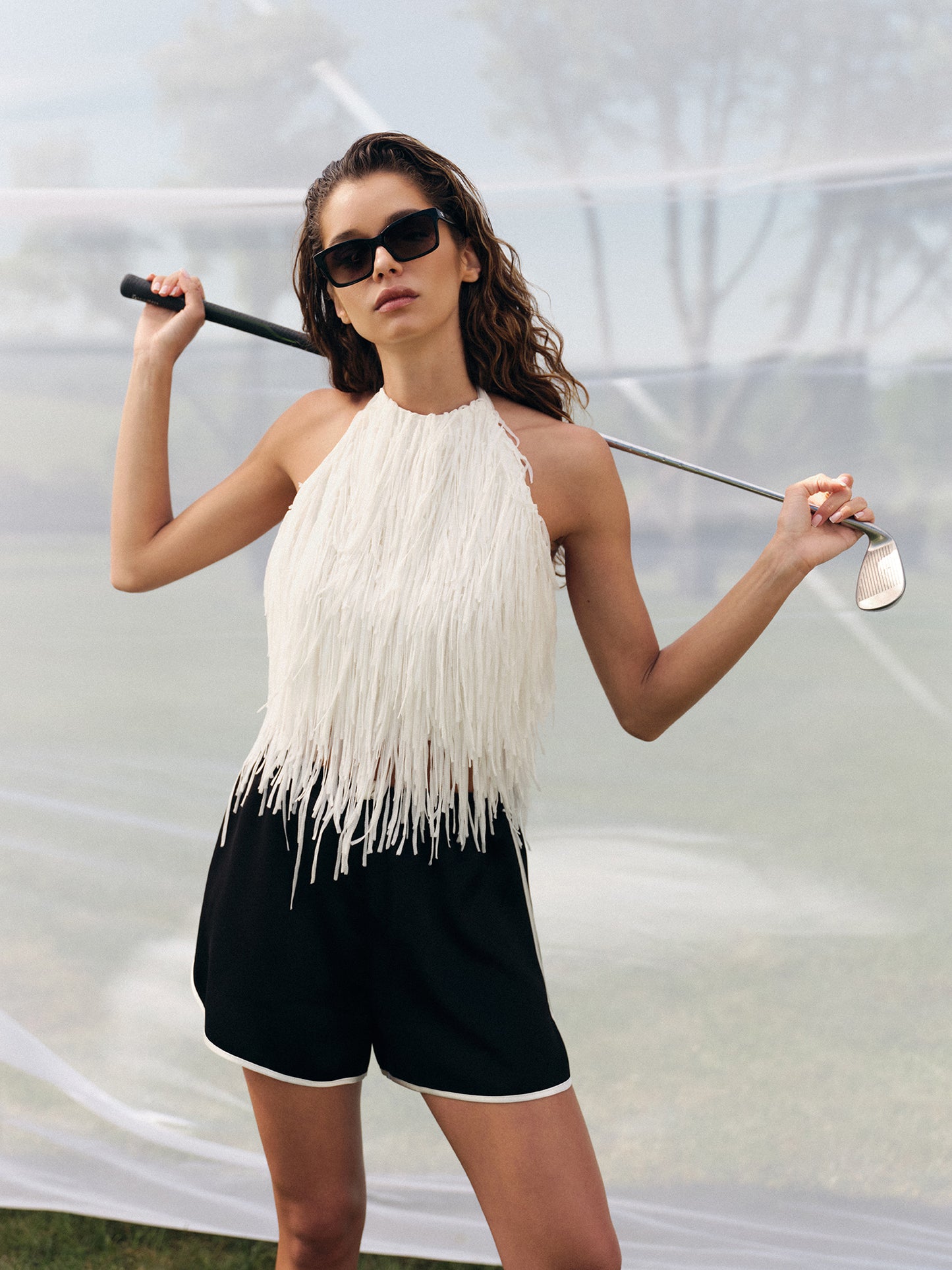 Fringe halter top with back ribbon ties
