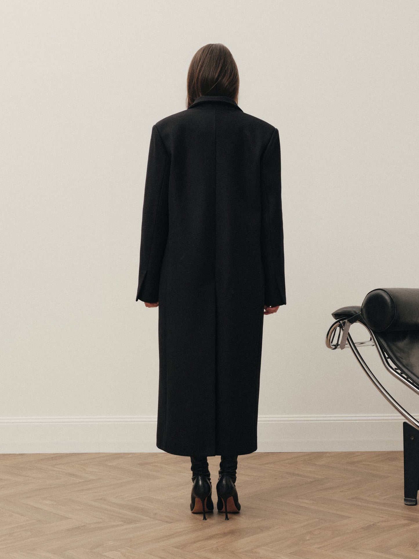 Straight fit midi wool coat with accent buttons