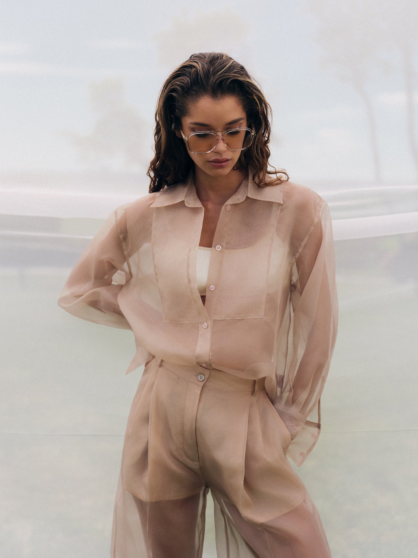 Two-piece festive set with bib-front relaxed fit shirt and pants in silk organza