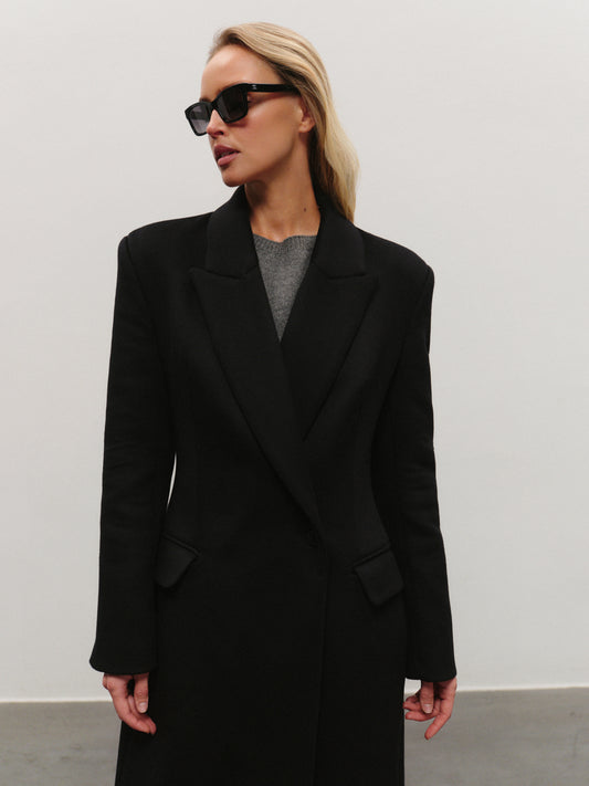 Elen slim fit mid-length coat in premium black wool with convertible collar and additional fur accessory