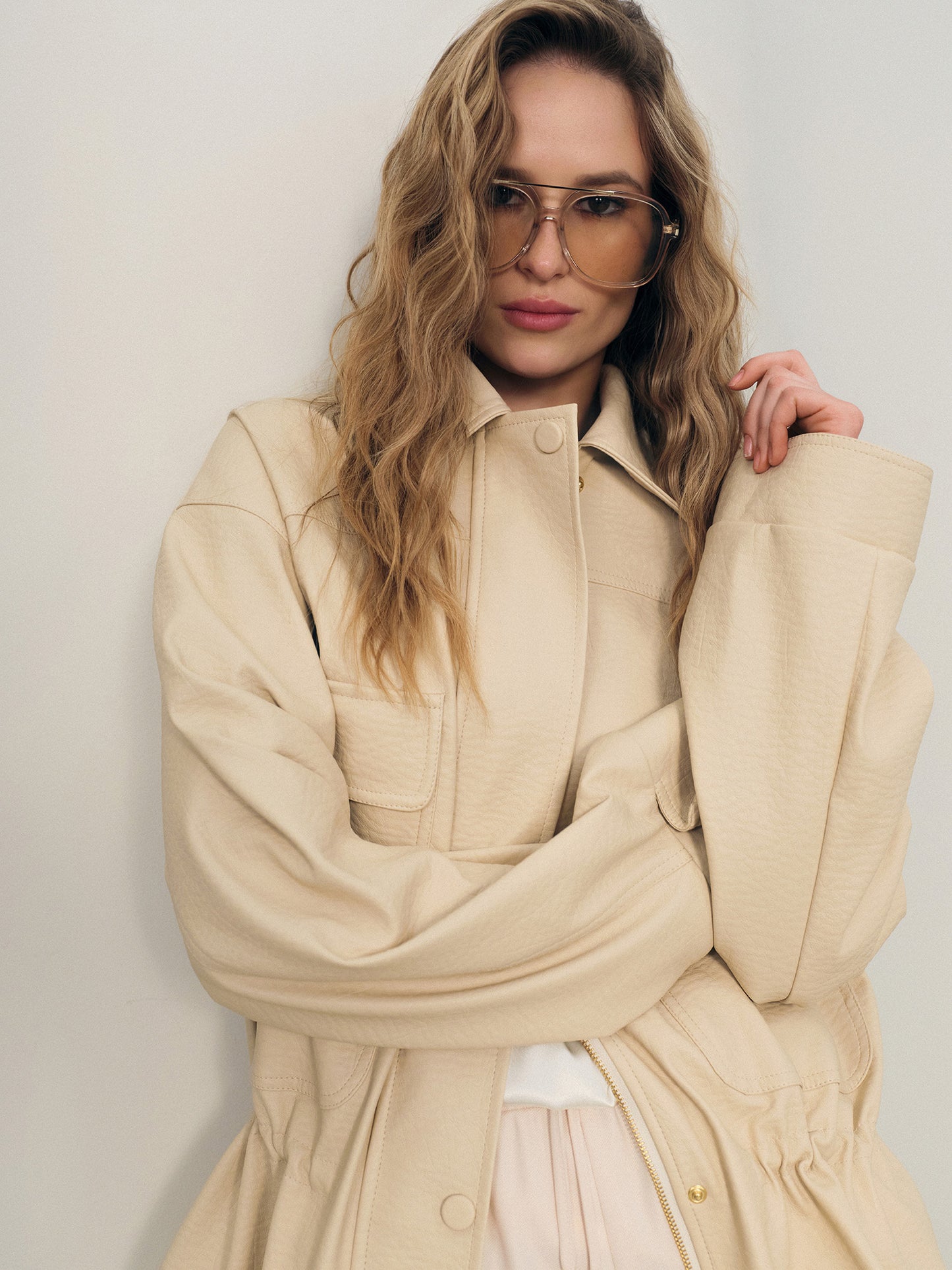 Trending low-waist utility jacket in vanilla beige eco leather