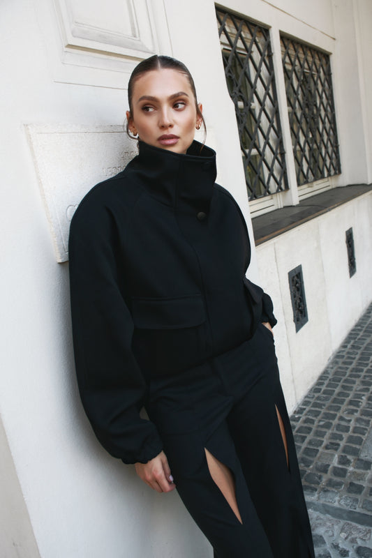 High neck insulated bomber jacket in black structured virgin wool