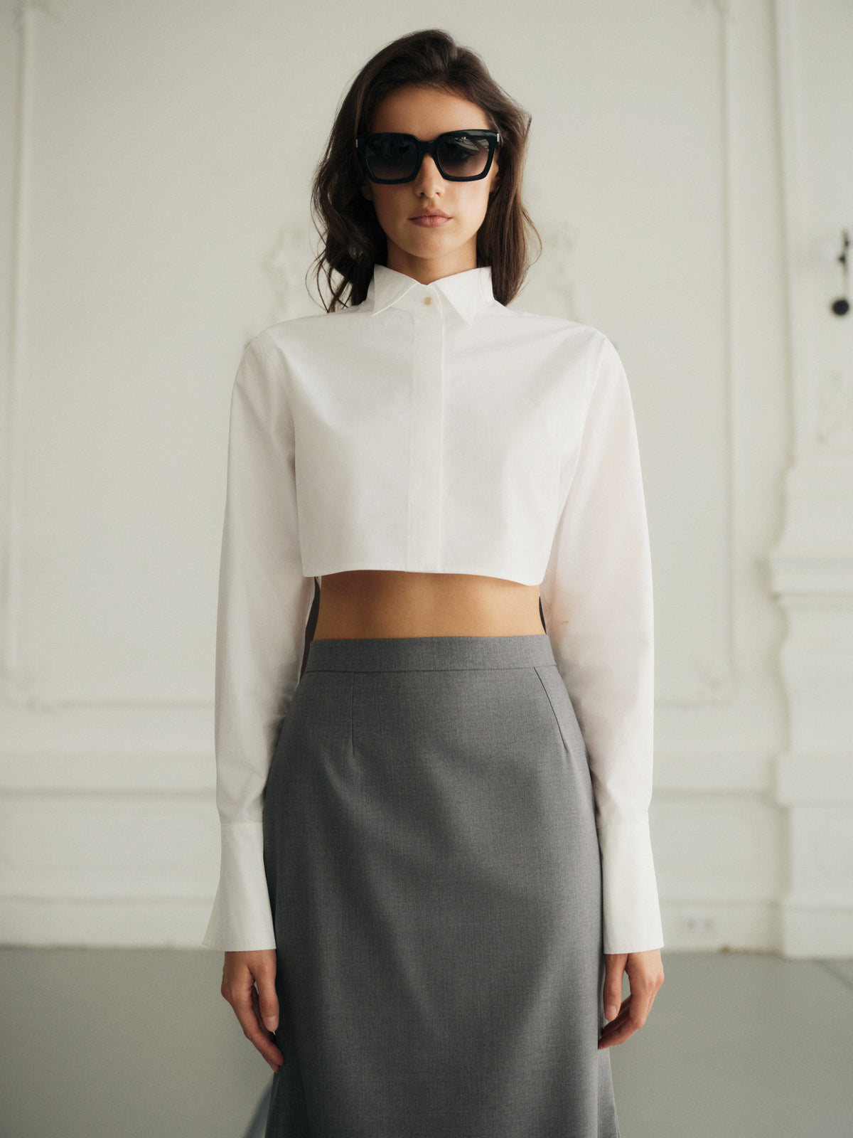 Crop shirt with accent gold button in premium white cotton