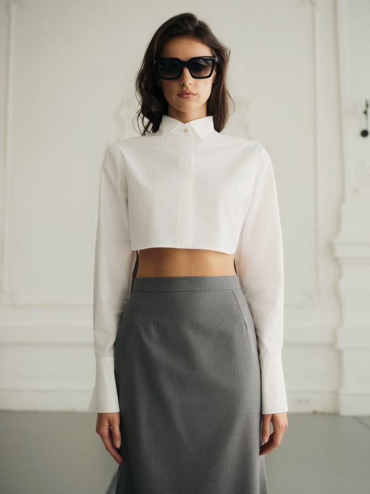 Crop shirt with accent gold button in premium white cotton