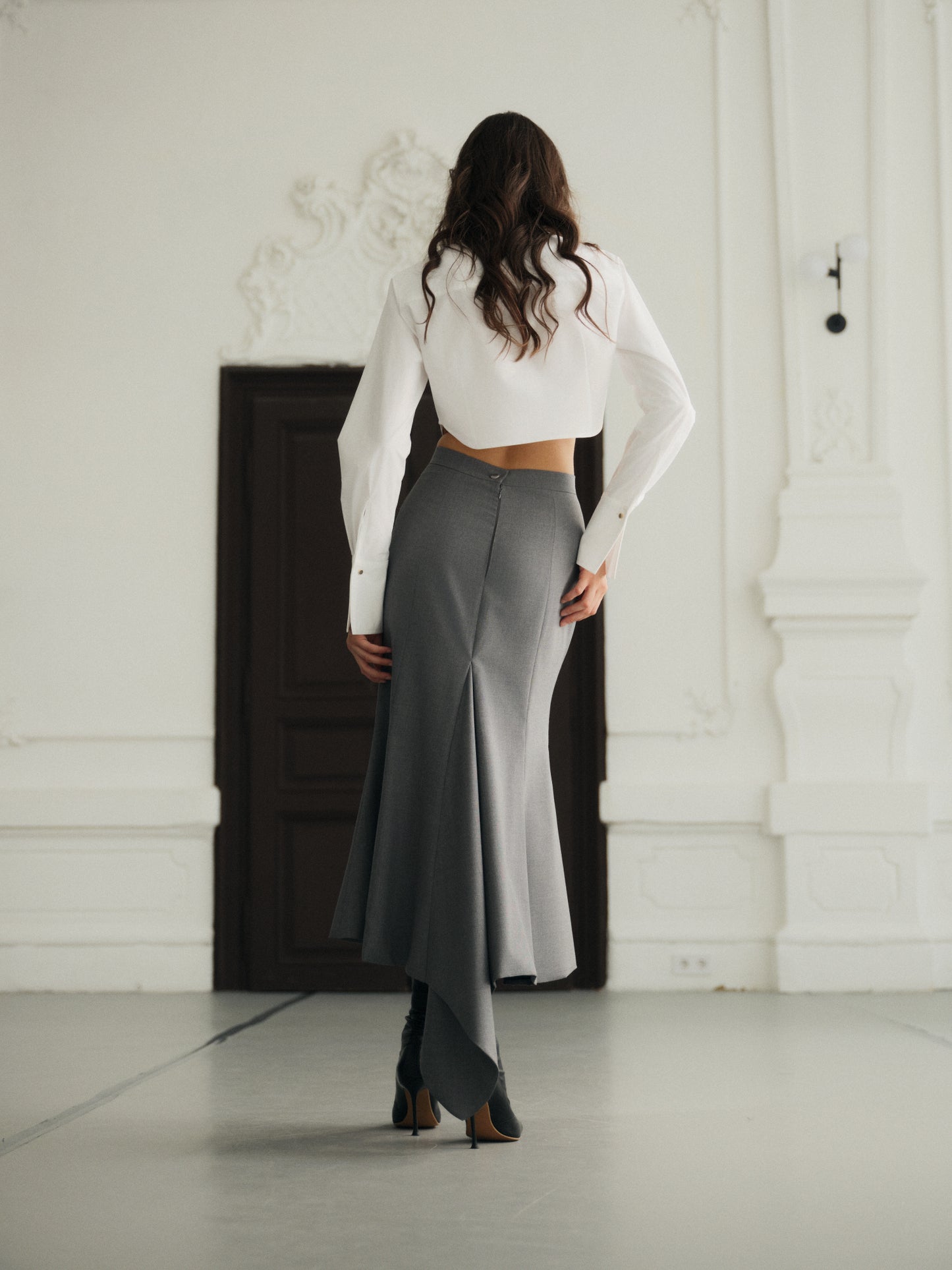 Crop shirt with accent gold button in premium white cotton