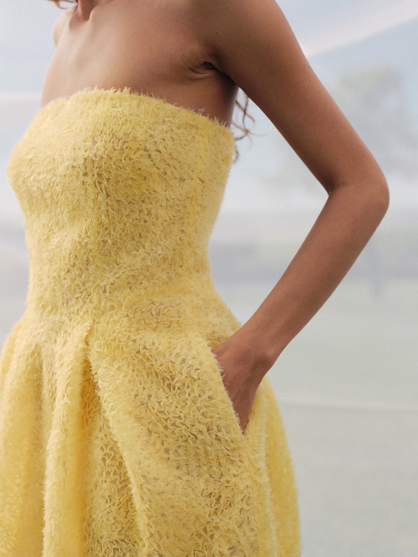 Amalfi strapless midi dress in volume textured viscose blend
