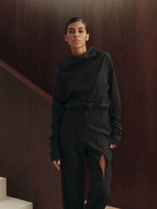 Straight regular fit wool pants with accent cut-out front details