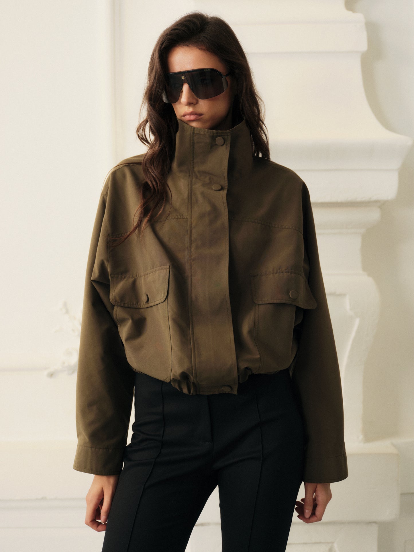 Lightweight high neck bomber jacket with pockets