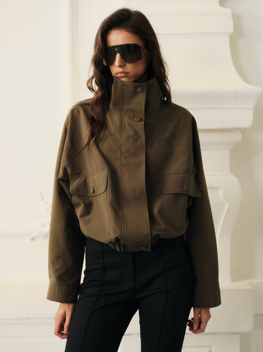 Lightweight high neck bomber jacket with pockets