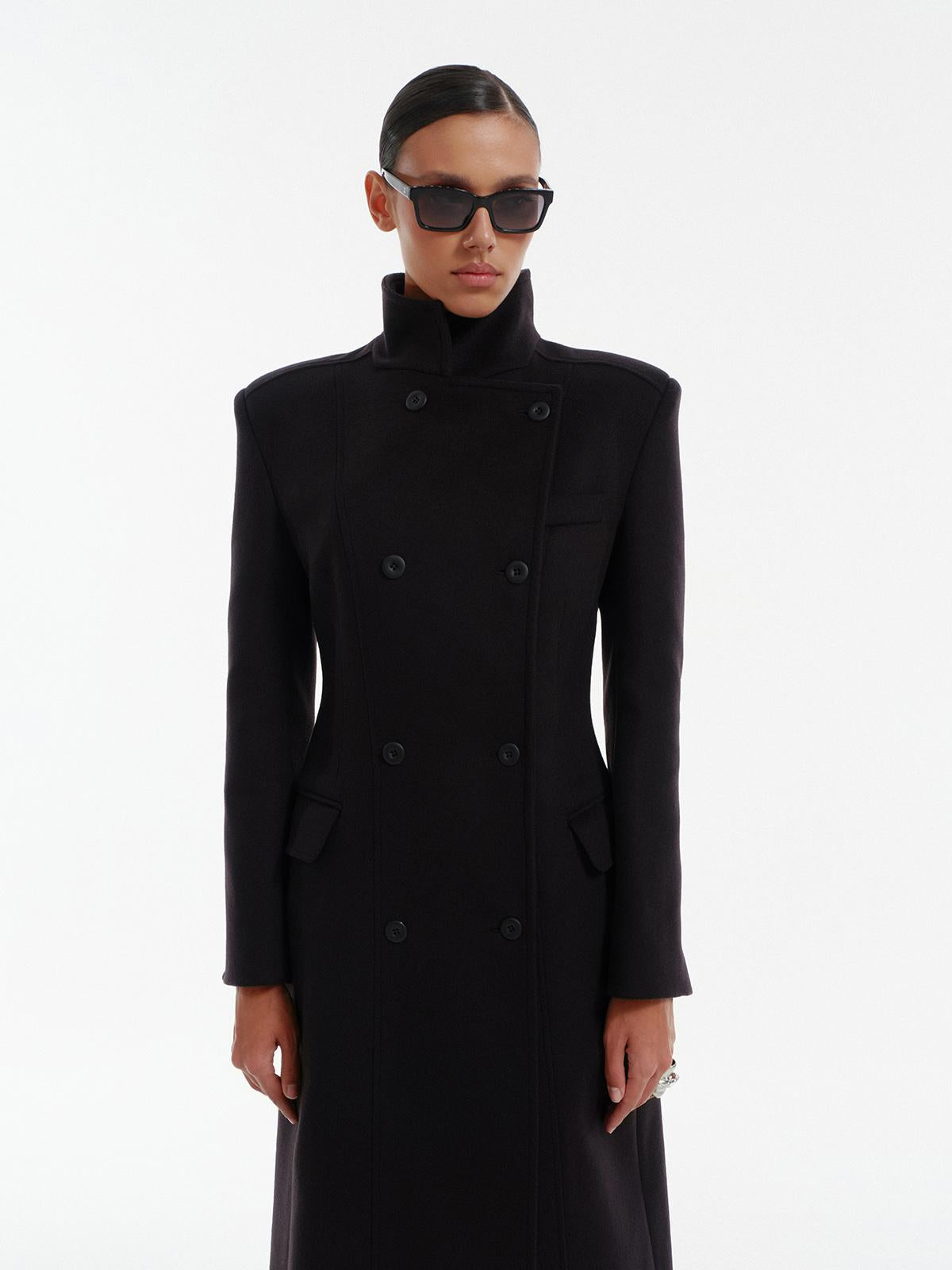 Nikko slim fit double breasted maxi coat in premium black wool