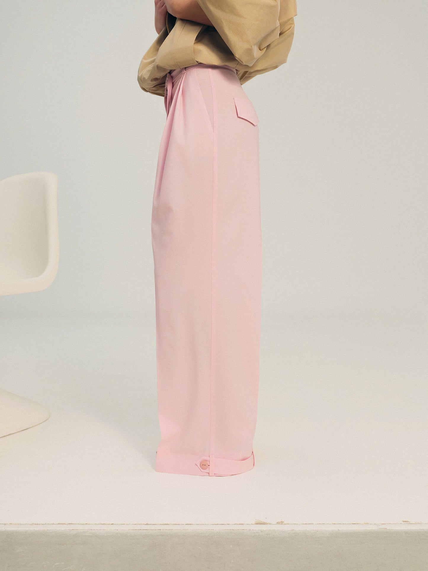 Wide-leg statement color wool pants with accent convertible hem