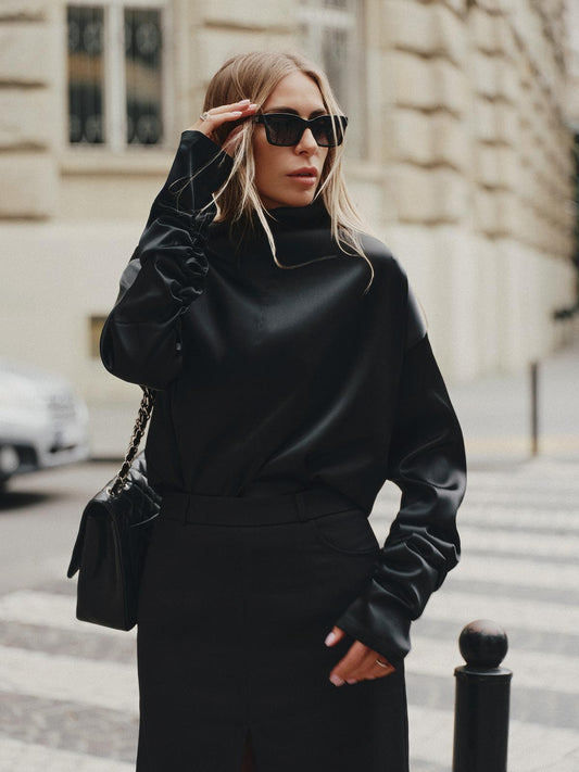 High-neck loose fit long-sleeve top in silk viscose blend