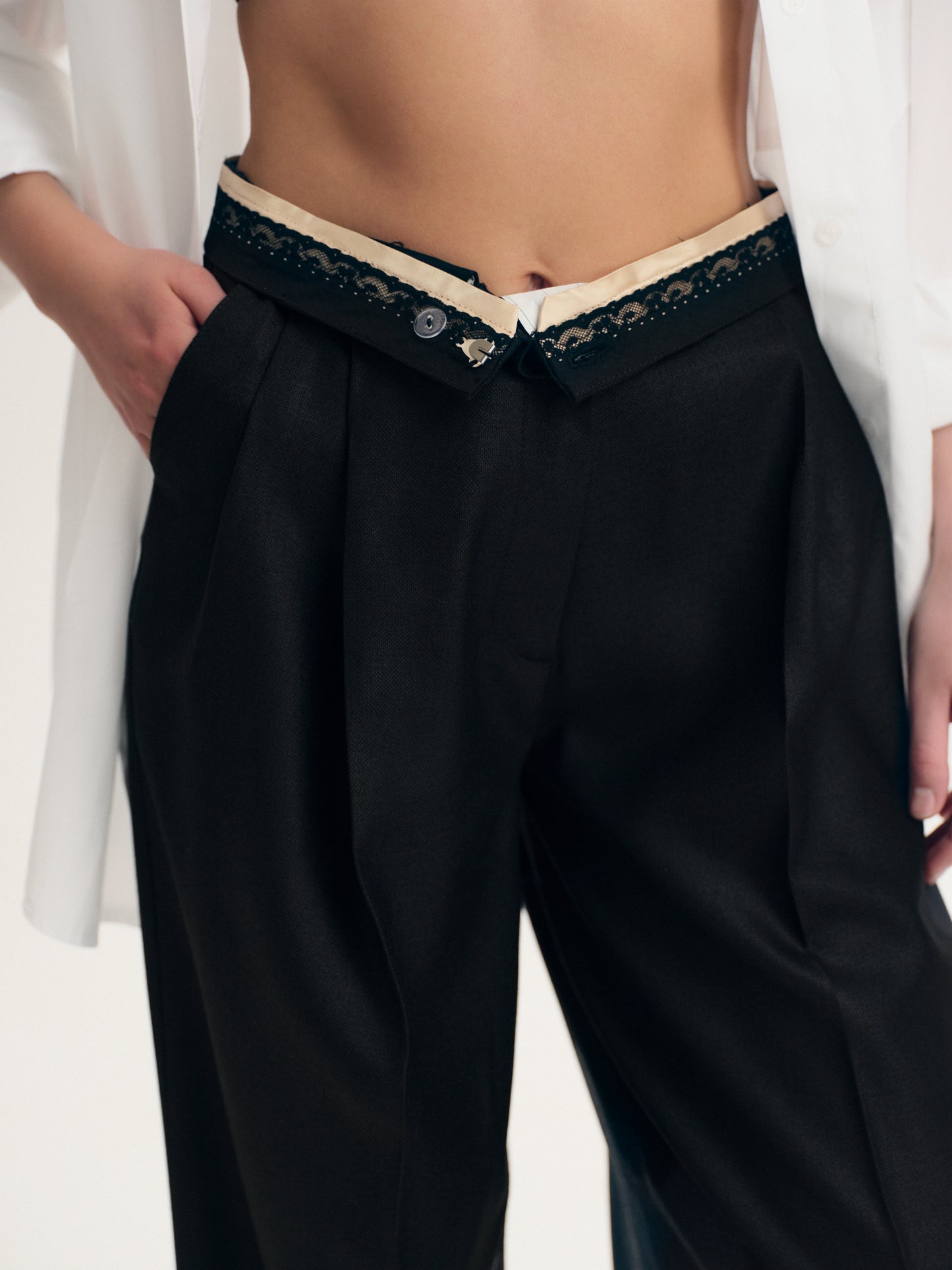 Two-piece contemporary fit suit with Ralph blazer and palazzo pants in structured wool silk blend