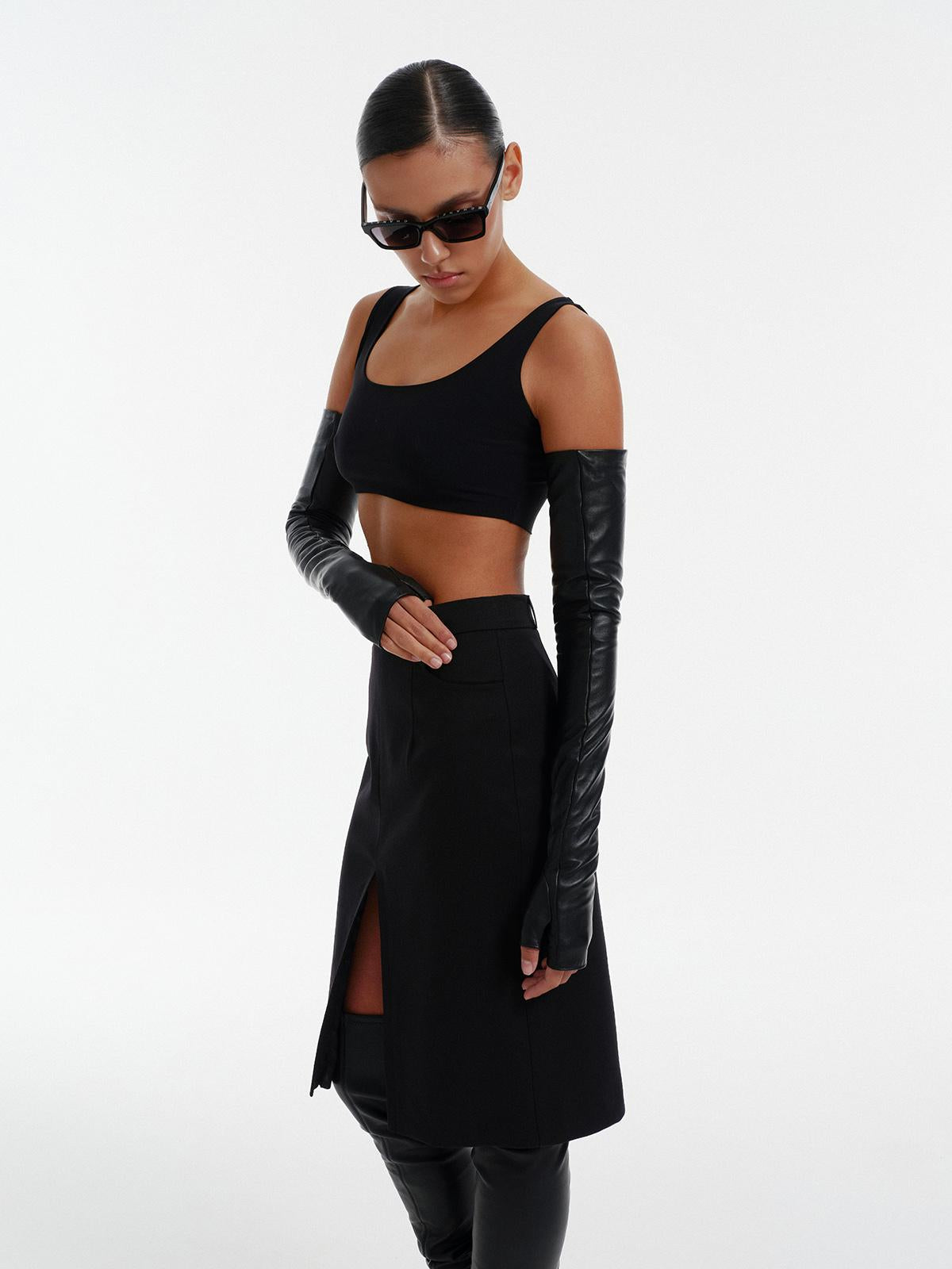 Extra long accent fingerless leather gloves