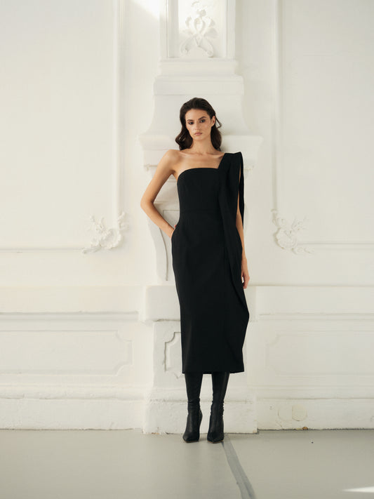 Jackie bandeau-style midi dress with asymmetric overlay shoulder detail