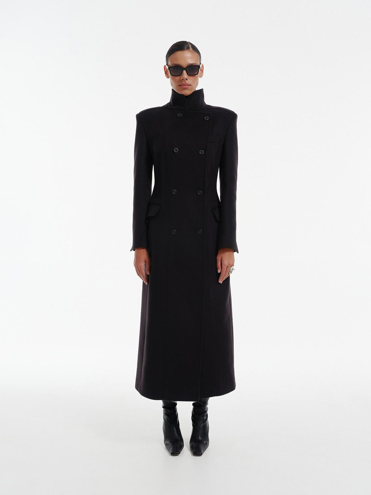 Nikko slim fit double breasted maxi coat in premium black wool