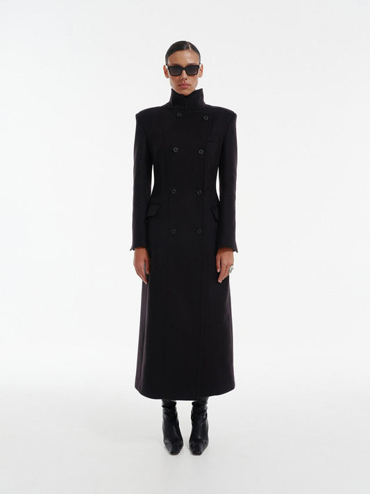 Nikko slim fit double breasted maxi coat in premium black wool