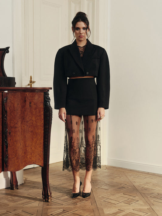 Wool unlined crop jacket with curved sleeves