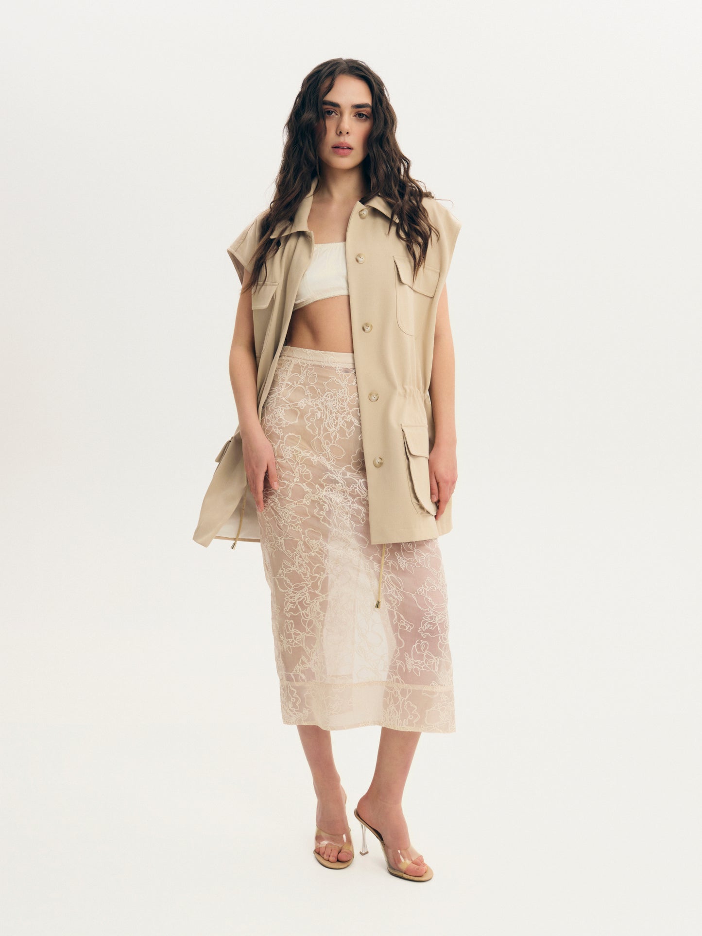 Embroidered silk organza skirt with nude undershorts