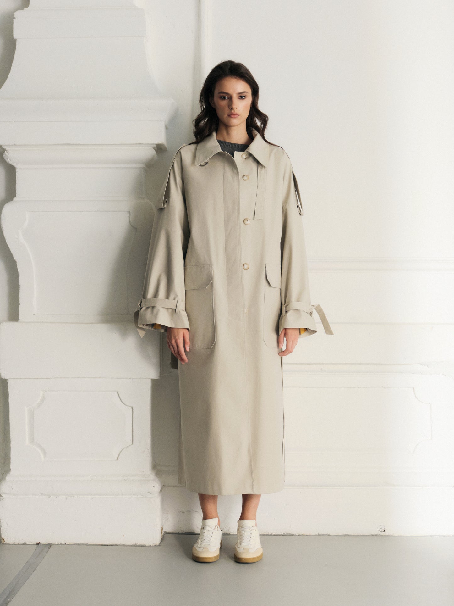 Brooklyn waterproof cotton maxi trench coat with accent rolled-up sleeves
