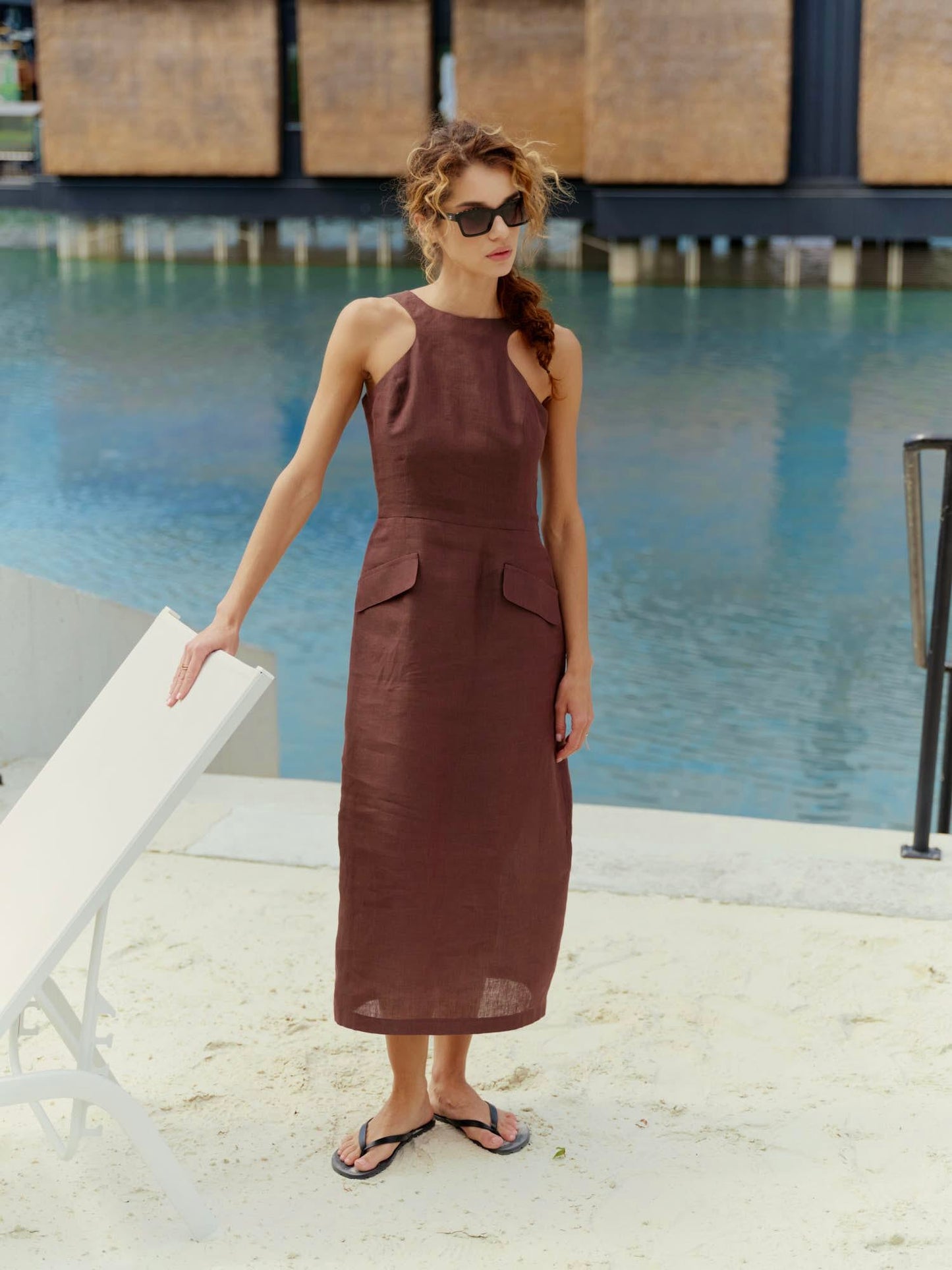 High neck fitted dress in structured linen