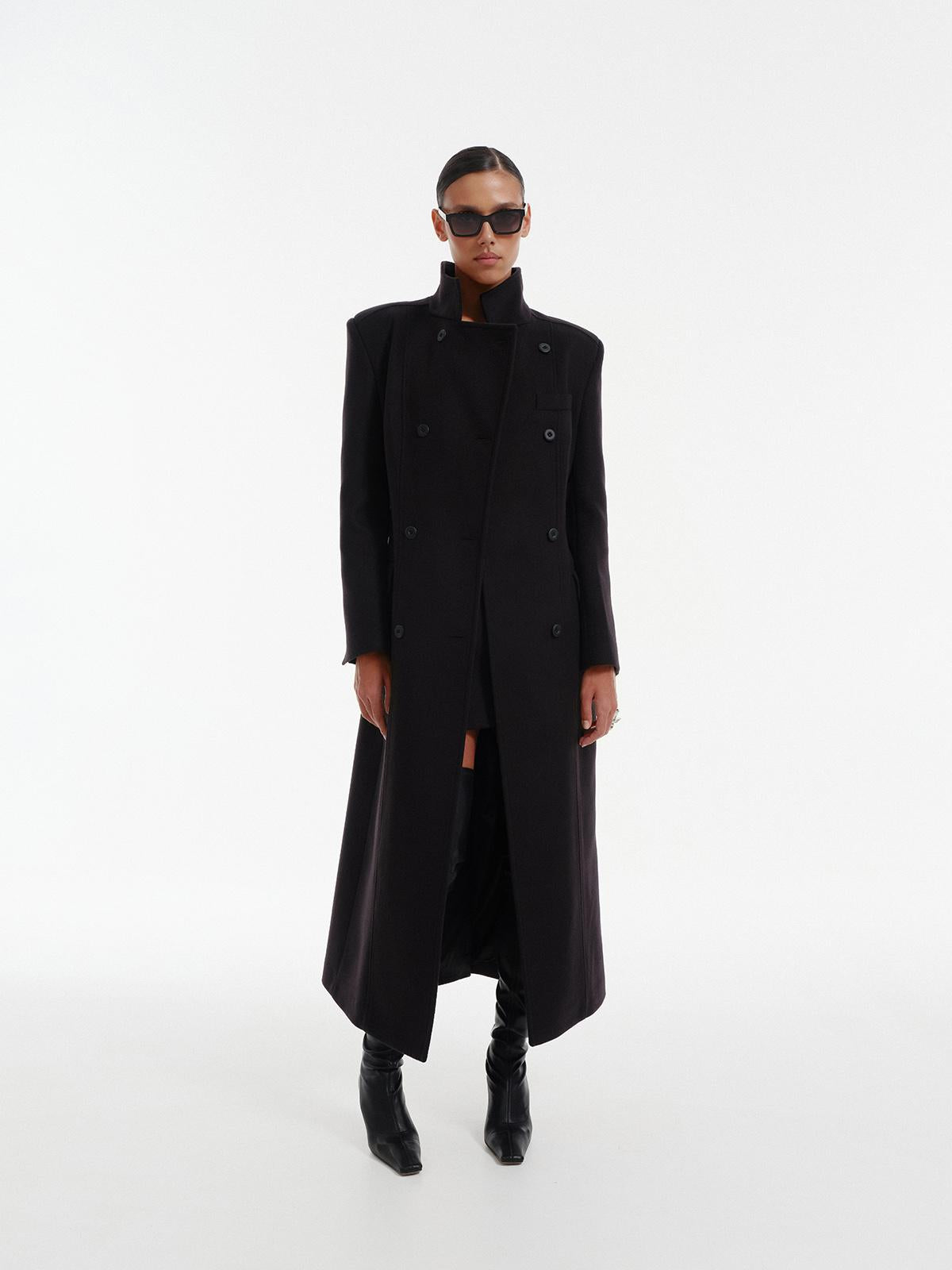 Nikko slim fit double breasted maxi coat in premium black wool