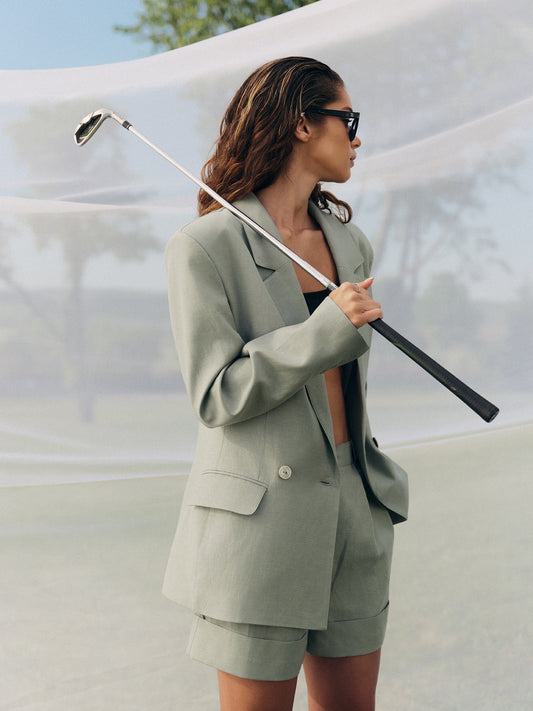 Linda fitted linen silk double-breasted jacket with matching shorts