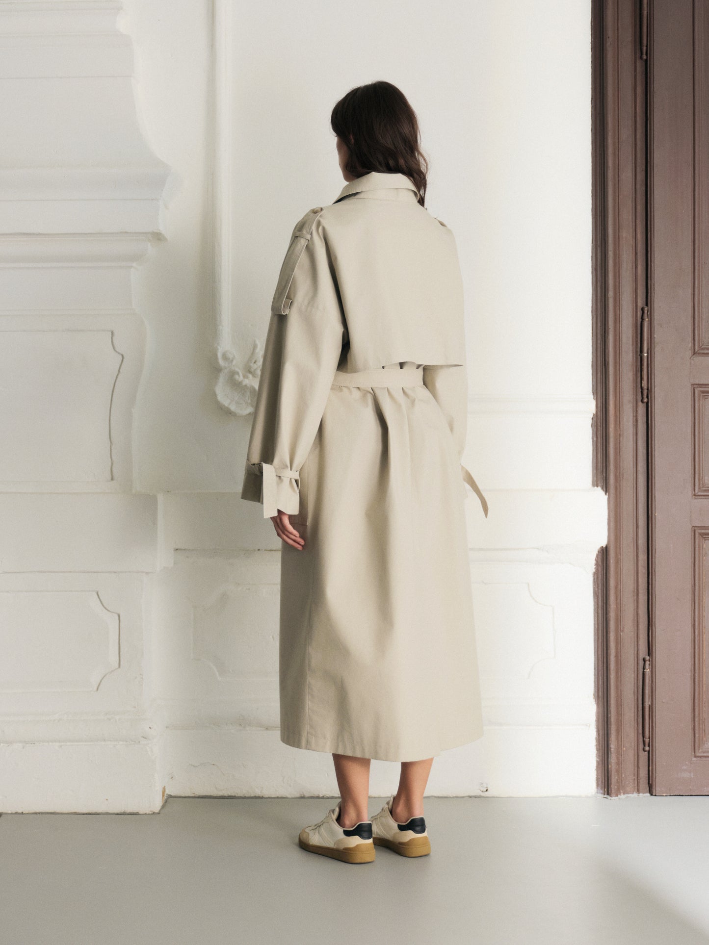 Brooklyn waterproof cotton maxi trench coat with accent rolled-up sleeves