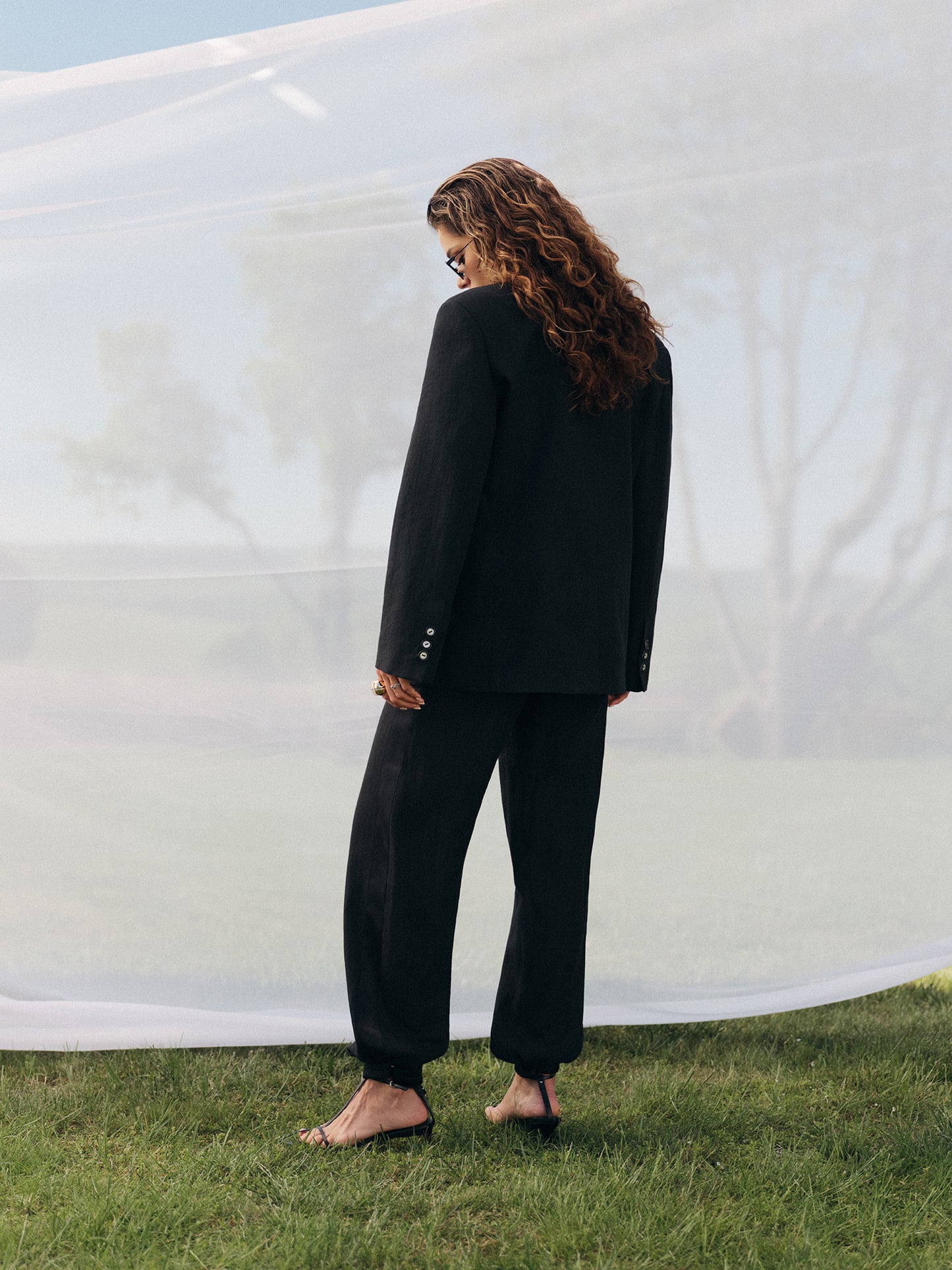 Ralph accent cape-sleeve linen blazer with matching Yasmine pants