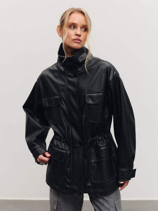 Trending eco-leather utility jacket with high-neck collar