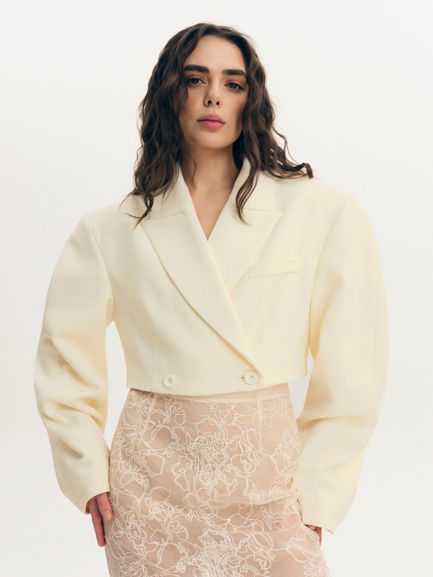 Kerry wool crop jacket with curved sleeves