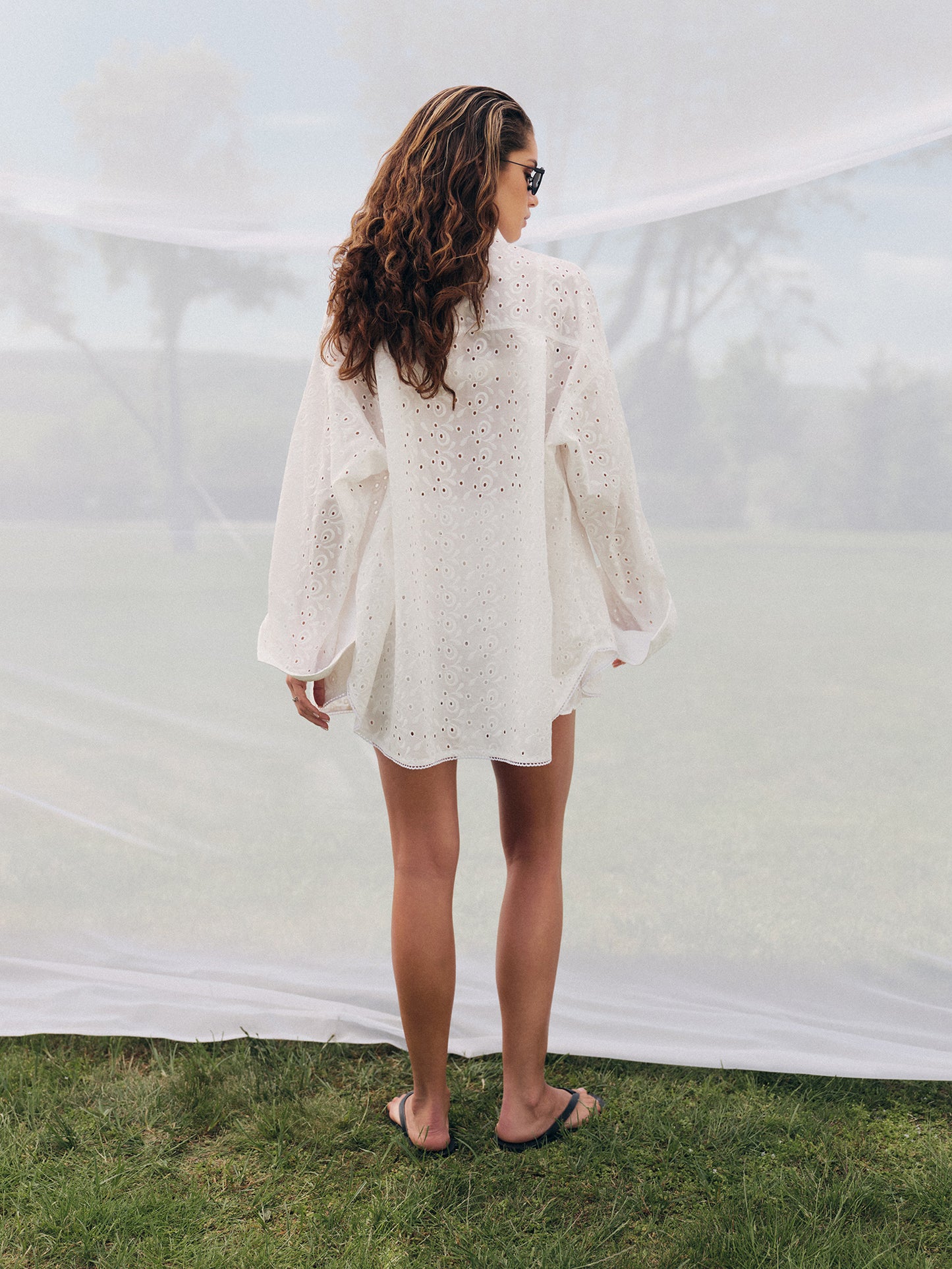 Two-piece set with embroidered cotton oversized shirt and matching relaxed fit shorts