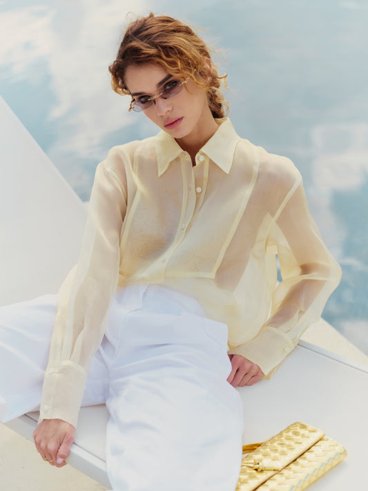 Bib-front oversized shirt in powder lime silk organza